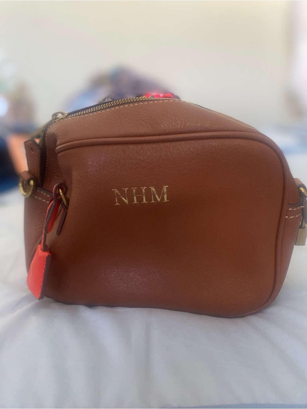 J. Crew Tan/Brown Leather Messenger Crossbody Bag with Gold Monogram